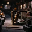 Illustrate a scene derived from 'The Call of the Wild'. Depict a rustic wooden cage in the corner of a dimly lit train's baggage car, where a large, solemn dog sits captured. Provide a context of early 20th century, flavoring it with objects like old leather suitcases, lanterns etc. Also depict a distant figure of a man in a red sweater, but ensure his features are not clearly discernible. Don't include any dogs attacking the caged dog or transactions involving money.