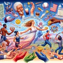 Create an image representing the theme of diversity at the heart of being an American without any textual content. Include symbolic representations of the mentioned statements from the poem 'Mexicans Begin Jogging'. For instance, depict an ethereal scene with diverse individuals running, a generous hand giving out a coin, some celebrating various elements of American culture such as baseballs and milkshakes, and someone holding a book representing sociology.