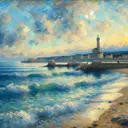 An impressionistic depiction of a seaside scene, focusing heavily on the element of perspective in order to create the illusion of lapping waves. Inspired by the works of artists from the late 19th century who employed light, hue, and non-detailed strokes to capture the mood of a scene instead of its minute details. Please remember the image itself should not contain any text.