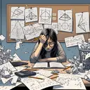 Design an image that portrays the concept of a person struggling with difficult geometric math problems. Draw a room with a desk, scattered with sheets of paper which are all filled with calculations. On the desk, a few pencils and a calculator can be seen. In the corner of the room, make a visible wastebasket filled with crumpled papers. An Asian female with glasses sits at the desk, her face showing an expression of frustration and concentration. She is holding her head with one hand while the other hand grips a pencil as she tries to solve the problems.