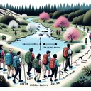 A group of bushwalkers in a scenic national park are embarking on an adventure. In the center of the image, represent the bushwalkers being a mix of Caucasian, Hispanic, Black, Middle-Eastern, South Asian, and White individuals. They are taking a trail that initially extends for 1.5 km towards the direction of a blossoming cherry tree, interpreted as 030° true bearing. Then, their path turns towards a stream with small waterfall, 3.5 km away captured at a bearing of 160°. Afterward, they head 6.25 km in the direction of a mountain peak, symbolizing a true bearing of 300°. At this point, their path loops back to the starting point without indicating the final distance or bearing, hinting the need to calculate the return journey.