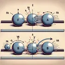 Create an image to represent a physics experiment. Initially, the image shows two identical balls labeled A and B, lying adjacent on a horizontal surface. Ball B is stationary while ball A is moving along the line joining the centers of the balls. Next, depict the moment of collision, during which ball A and ball B come in contact, displaying arrows labeled FAB and FBA to represent the magnitudes and directions of forces exerted by both balls. Lastly, showcase the scenario post-collision, where ball A and B have speeds vA and vB in different directions, symbolizing a change in momentum.