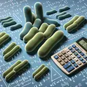 Illustrate a conceptual image for a mathematics problem related to bacterial population growth. Show four bacteria at the start, visually conveying their multiplication into a large colony of bacteria over time. Also, depict a stylized representation of a calculator, indicating difficulty in solving the equation, without including any text or numbers on it. The overall visual should represent the problem: the transition from a small group of bacteria to a large colony in the content of a challenging arithmetic problem.
