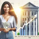 A woman, Jasmine, of South Asian descent looking content and confident, holding paper money symbolizing an investment of $4000. She's standing next to a stylized building representing a society, with a subtle, ascending graph in the background indicating a rising interest rate over 7 years from 7.25% to 7.6%. It's a sunlit scene filled with optimism, the light symbolizing the financial growth. Please note that the image should not contain any actual text.