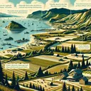 Create an illustration of the landscape of the Puget Sound Lowlands. Let the image depict rolling hills, lush greenery and scattered houses, indicative of a populated rural area. Ensure the waters of the fjord are dotted with islands, a beautiful natural harbor. Allow the region's climate to be depicted as frequently cloudy with many days of rainfall. Include a covert illustration of Native American impact on the land, such as areas that appear to be maintained prairies or protective circles around giant cedar trees. However, the environment should show clear signs of modern activities like high-tech industries, trade, logging, fishing, and farming.