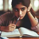 Create an image representing a young female student, of South Asian descent, sitting at a desk with a trigonometry book open. She is holding a pen and appears to be deep in thought staring at a mathematical equation on the pages that symbolizes the trigonometric identity she is trying to solve. Show her eyes moving back and forth between her notepad, where she is taking notes, and the book. The atmosphere is of concentration and determination. Make sure all text in the image is unreadable to comply with the requirement of the image containing no text.