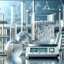Visualize a science laboratory scene. In the foreground, feature a close-up of a crystal clear solution in a glass beaker. The solution is separating, forming bubbles, indicating that it's reaching its boiling point. The main elements on the table include a digital thermometer showing the temperature elevating, a balance with a small pile, representing 10.0 g of white NaNO3, and a volumetric flask holding 200 g of water. In the background, details of the laboratory like various scientific equipment and tools should be arranged subtly. The overall colour scheme being neutral, with shades of white, grey, and metallic silver.