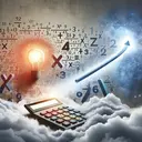 Create an abstract image that symbolizes mathematical simplification and solution. The scene is dominated by a large quest for the truth, represented by a beacon of light shining through clouds onto a calculator. The background can be adorned with oversized fraction bars and algebraic x variables. No text should be included in the image.