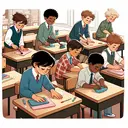Create an illustration of a diverse and inclusive image of boys from various descents, including Caucasian, Hispanic, Black, Middle-Eastern, and South Asian. These boys are in a well-lit, tidy classroom, each focused on cleaning a wooden desk. Some boys are meticulously wiping their desks with cloth, a few others are sweeping dusts off their desks, while a couple of boys are neatly arranging their pens, papers, and books on the desks. They are ensconced in an atmosphere of calm and diligence.