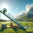 Portray a detailed image illustrating physics principles and a natural scene. The scene should consist of a clear, sunny outdoor spot where an experiment is occurring. An inclined plane is situated on the green grass with a 2.0 kg metal ball at the top. The ball is about to descend the plane which is 0.8 meters long. No text required in the image. In the background, maintain a classic landscape with a bright blue sky, fluffy white clouds, and distant majestic mountains. The experiment setup and the measurements are intriguing and realistic, yet keep the overall mood light and appealing.