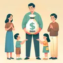 Visual illustration of a family budget distribution in an interesting way. Picture an Asian man, gracious in nature, holding a bag signifying money, labeled as $3600. Around him are three people, an Asian woman, a young Asian boy, and a young Asian girl, all with receiving hands. The bag the woman is about to receive appears heavier (indicating $500 more), and the bag the boy is about to receive is twice as heavy as the one for the girl. Remember, no text in the image itself.