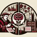 Create an image representing a symbolic interaction between medieval representations, specifically a rose which symbolizes the Tudor dynasty and a medieval structure representing the concept of Parliament. The image should focus on their relationship. Ensure no text is included in the image.