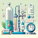 Illustrate an image centered around basic Gas law principles with emphasis on the variables such as temperature, volume and pressure. Show a thermometer indicating 27°C, a measure of gas volume at 300 cm³, and a barometer showing 720 mmHg of pressure. The gas sample, the measurement tools, and the environment should all indicate a typical scientific study scenario. Remember to add visual elements to make the design appealing with eye-catching colors and a clean composition. Ensure the image contains no text.