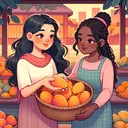Create an image of a South Asian female called Ada and a Black female called Chika in an outdoor setting. They are in the process of sharing mangoes, a tropical fruit with a deep orange color and a smooth exterior. Ada has a basket with approximately 3 portions and Chika has a basket with around 5 portions. In Ada's basket, there are clearly 120 mangoes. All around them, there's an ambiance of friendship and cooperation.