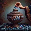 Create an image of an intricate urn with ornate designs, placed on a lush velvet cloth. The urn, brimming with 10 marble chips that are uniquely numbered from 1 to 10. The even numbers are depicted on cool blue chips and the odd numbers on warm red ones. A hand, belonging to a Middle-Eastern woman, is poised over the urn, about to draw out two chips at the same time. The other hand, of a South Asian man, is holding a pair of chips - one even (blue) and one odd (red), demonstrating the probability query.