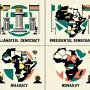 Create a visual representation of four different types of government systems including parliamentary democracy, autocracy, presidential democracy, and monarchy, without any text. Design distinctive symbols for each government type. Also, represent the geographical shapes of four nations - Kenya, South Africa, Nigeria, and Equatorial Guinea. Render these shapes on a blank world map. The layout should suggest that the government symbol can be associated with any of the countries.