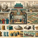 Create a detailed image based on the question prompt. The image should contain elements related to the Han society. Depict an imperial bureaucracy with diverse male and female bureaucrats of all descents working together. Include a scene showcasing the salt and iron industries, including production and trade. Show a variety of items: a painted box with a protective coating, a scroll covered in calligraphy, a carefully designed garden, and a bronze sculpture. Despite these elements, the image should not include any text. To represent the question's sender, add a visual sign or emblem marked with the word 'conexxus'.