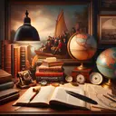 An image illustrating a studious environment composed of a variety of elements symbolizing studying and drafting. A desk with a lamp set against the backdrop of a classic American realistic painting pertaining to the period of 1860 to the early 1900s. On the desk, place a quill, a stack of papers, various regional maps, a compass, and well-thumbed history books open to pages about regionalism and realism. Include a globe focusing on the American continent in a corner. The scene is dominated by warm light from the lamp, creating a tranquil yet intense atmosphere.