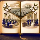 An illustrative concept related to the historic event of the 1828 tariff resistance in the southern United States. Depict an open, vintage book with each page showing two scenes. On one page, show cotton fields symbolizing the southern economy. On the neighbouring page, depict representatives in a historic political debate, emphasizing the divide between them. Ensure that the image does not contain any text.