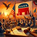 A historical look into the 1850s American political scene. A crowd of people, dressed in the fashion of the time, enthusiastically rally under a large banner featuring an elephant, the symbol often associated with the Republican party. There's a gavel, a document with an unrecognizable text symbolizing the constitution, and an abolitionist's poster prominently displayed to indicate their primary goal. The setting is aglow with the setting sun in the backdrop.