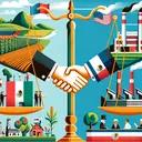 Create an image that symbolizes economic activities and governance without any text. On the left, depict a vibrant countryside with fields and workers to represent the agricultural economy, signifying Mexico's economy. On the right, show factories with smokestacks and workers which symbolize manufacturing, denoting Costa Rica's economy. In the central region, depict a handshake to indicate free trade agreements as a method for improving economies. Finally, at the bottom, illustrate a balance scale with symbols of a presidential figure on one side and a parliament on the other to signify different types of government.