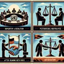 Create an image with symbolic elements showing four distinct events represented by figures. First, depict a council table with a document, symbolizing an organization passing a resolution. Second, show two people shaking hands under a flag, representing a peaceful meeting facilitated by an intermediary. Third, picture a scale balancing two narratives, indicating a decision made after hearing both sides. Fourth, illustrate two groups meeting at a distinct neutral location which signifies mediation. This is a symbolic representation of arbitration in international relations. *Note: This image should not contain any text.*
