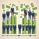 Create a graphic representation that portrays two groups of workers. The first group should contain seven figures, each wearing a suit to convey their experience, while the second group should comprise of five figures dressed in less formal attire to indicate their inexperience. Each figure should be surrounded by symbolic money, with the larger amount around the experienced group to suggest their higher earnings. Add visual cues such as bar charts, arrows and scales to suggest the concept of mean wages. Be sure no text is included in the image.