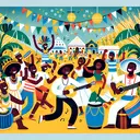 Create a vibrant illustration that reflects the cultural fusion of African traditions in Brazil. The scene should depict joyful people, of diverse races including black and caucasian, performing music and showing dance during the celebration of Carnival. In the background, infuse elements of non-specific plantation agriculture and subtle symbolic references to an unidentified popular sport. Do remember to keep the representation of all activities gender-neutral and refrain from including any texts.