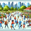 Illustrate a bustling park filled with a mix of busy individuals, depicted as walking briskly with eyes on their watches or devices, and relaxed people leisurely enjoying the scenery or sitting on park benches. In the distance, there's a quaint cafe with a few people of diverse gender and descent making their way to it after leaving the park. Some from the busy crowd and some from the relaxed people are seen entering the café, indicating the decision-making process about visiting the café. Remember, there should be no text in the image.
