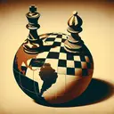 A symbolic abstract scene that represents a power struggle. We see a chessboard with two chess pieces head to head, designed to indicate the military and governments. The chessboard is placed on top of a 1970s style earth globe, with the southern end of the Americas emphasized. Both chess pieces are identical in stature and strength, representing an equal match. The pieces should be substantial, showing their significance and status. Additionally, the colors of the scene should be inspired by sepia tones to evoke a 1970s vintage feel.