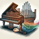 Illustrate an image of a large, heavy wooden piano with intricately carved details, depicting its complex and antique structure. Show it being compared to a smaller, lightweight musical instrument such as a lute to convey contrast in size advantage. Perhaps incorporate a soft, subtle glow to highlight the piano and emphasize its importance. Don't include the majestic pipe organ in the background to illustrate the timeline but avoid any textual information. To showcase its expansive range of sound, artistically draw waves of vibrant colors originating from it, extending far beyond the boundaries of the piano.
