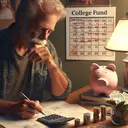 Create an image that depicts a middle-aged Caucasian man, identified as Mr. Howard, sitting at a table with a pen and calculator. He's working on budget calculations, with stacks of coins and bills in front of him. On the table, there's also a piggy bank labeled 'College Fund' and a calendar showing the months of June and July crossed out. The lighting is soft and warm, and the overall atmosphere should convey a sense of thoughtful planning and care.