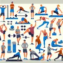 An educational image illustrating various physical activities and stretching exercises. The image should depict a diverse group of people taking part in a ranfe of activities such as running, yoga, and weight lifting. A person demonstrating a lower body stretch, an upper body stretch, and neck stretch should be included. In addition, it should depict a person preparing for a marathon, and people stretching before different physical activities. Please ensure the image contains no text and is respectful to all genders and descents.