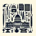Create an illustration that reflects 19th-century American history. Use an abstract representation without any individual figures. Have symbols like gavels, the constitution, old quill pen and inkpots, and a silhouette of the capitol building. Remember, no text should be included in the image.