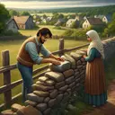 Create an image of a rustic countryside scene featuring two neighbors, one Hispanic man and one Middle-Eastern woman. They are by an old, weathered stone wall that separates their properties. The man is diligently placing a fallen stone back onto the wall, while the woman watches from her side. A verdant landscape with houses in the distance is seen in the background. There should be a clear visual metaphor representing the concept of 'good fences make good neighbors'. This image should have a peaceful and serene ambiance, but should not contain any text.