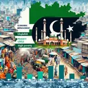 Generate an image that visually represents economic improvement, Islamic republics, high poverty levels and economic struggles in South Asia. On the economic improvement side, show an idealized view of Bangladesh with flourishing businesses and signs of development suggesting microfinance activities. For the Islamic Republic, denote it with the image of a mosque in Pakistan. To depict high poverty levels, show crowded urban areas with limited resources. Lastly, for economic struggles, incorporate elements that suggest a lack of well-developed infrastructure in India.