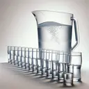 Illustrate a conceptual image of a 2-litre clear glass water jug next to eight empty 250ml drinking glasses. The water jug should appear full of water, signifying the 2 litres of water. In contrast, the drinking glasses should look empty, symbolizing they need to be filled up. The arrangement can be in a linear fashion, with the water jug at one end of the sequence and the empty glasses following after. There should be convincing light reflections to display the glass texture and the coolness of the water.