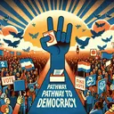 Generate an image symbolizing the pathway to democracy, representing popular movements demanding and winning elected governments. To visualize this concept, portray a large crowd of diverse individuals rally together, holding banners and signs showing symbols of democracy such as a ballot box, a dove, or a hand casting a vote. A rising sun in the background brightly illuminates the scene, symbolizing hope and possibilities that comes with a democratic change.