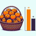 Visualize a illustration showing a basket filled with 100 oranges, 85 of these oranges are fresh and brightly orange colored, symbolizing healthy and delicious fruits. The rest, which are 15, are shown in a contrasting dark color with spots, symbolizing them as rotten or unhealthy. Use a representative bar chart beside the basket to visually denote the percentage of rotten oranges to healthy ones.