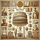 Create a composite image depicting elements from Ancient Rome and Ancient Greece. The image should include symbols of their contributions in visual art, science, architecture, literature, theater, and medicine. For visual art, include traditional Roman mosaics and Greek sculptures. For science, incorporate a depiction of an astrolabe, an early astronomical tool. Architectural elements could feature a Roman Colosseum and a Greek Parthenon. Represent literature with an old scroll, theater with Greek masks, and medicine with a symbol of the Rod of Asclepius. Also, visualize common religious practices with symbols like a Roman augur staff and a Greek laurel wreath. Finally, depict government roles in religion with images of a Roman priest and a Greek oracle.