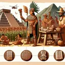Illustrate an image capturing the essence of the Aztec and Maya civilizations. Depict an Aztec warrior, dressed in traditional attire with a wooden macuahuitl and a Tlahuiztli suit, in the midst of a battleground. Near him, show an Aztec pyramid, used for religious ceremonies with people performing rituals at the top. Also, show a fertile farmland symbolizing the need for more land. On the other side, present a Maya scholar, surrounded by items like bark-paper books and carved glyphs on a stone slab, symbolizing the Maya's developed system of writing. Be careful not to include any text in the image.