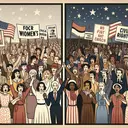 Create a historical representation of the 1950-1960s era, focusing on the distinct women’s and civil rights movements. On one side, depict a group of diverse women of varying descents - Caucasian, Hispanic, Black, Middle-Eastern, and South Asian - rallying together, their hands clasped and raised in unity, symbolizing their fight for equality. On the other side, illustrate the civil rights movement showing a multicultural crowd marching together, holding handmade signs for anti-discrimination. In the middle of the image should be a symbolic division, signifying the differences between the two movements. No text should be included in the image.