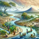 A serene yet dynamic visualization showcasing people's life near the river deltas and volcanic islands of Southeast Asia. The picture should depict a mix of various activities. In the foreground, show an array of individuals of different races and genders engaging in farming, suggesting fertile soil. Also, show the environment's richness through a lush jungle, representing abundant rainfall. The backdrop should show the river deltas intertwining from a distant mountain range, hinting at the mild climate. The presence of a distant active volcano signifies the volcanic islands.