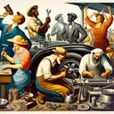 Craft an image that beautifully encapsulates the spirit of Walt Whitman's poem 'I Hear America Singing'. Depict a diverse group of American laborers all united in song. Show them participating in different occupations such as a mechanic, a blacksmith, and a cook. The mechanic, a Caucasian male, is tuning an automobile. The blacksmith, a Black female, is busily crafting a horseshoe. Finally, the cook, a Hispanic male, is joyously preparing a meal. Let their joy and unity in their work form the central theme of the picture, in line with the poem. Remember to make sure the image contains no text.