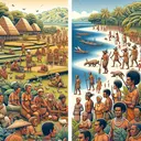 Visualize an image showcasing the notable differences between early New Guineans and Australia's first people without including any text. The image could include scenes of early New Guineans engaging in farming activities, as they were among the first to discover farming while the first Australians engaged in hunting, fishing and gathering. Also, illustrate a representation of the diversity among New Guineans indicating hundreds of distinct ethnic groups. On one side of the image, depict early New Guineans migrating to the Pacific region from another part of the world to symbolize their journey.