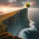 A breathtaking visualization of a cliff by the sea, measuring approximately 55 meters high. The scene depicts a tennis ball being launched vertically upward from the top of the cliff. The motion of the ball follows a parabolic path, simulating the physics equation s = 50t - 5t^2, a representation of its height over time. Though invisible, the forces of gravity and motion are at play. Please note, the image should not contain any text.