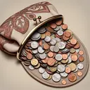Generate an image of a purse left open, revealing various coins spilled out. Of these, noticeably, there are two types of coins: one noticeably smaller 5 cent coin, and a larger 20 cent coin. The coins should be diverse in their arrangement with some being overlapping, some lying flat, and some falling out of the purse, emphasizing the number of coins. The overall image should evoke a sense of curiosity and problem-solving. The purse can be a soft, feminine shade with intricate design patterns but make sure there is no text in the image.