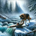 Create an image depicting a scene from the wilderness where a large, brave and strong dog demonstrates courage by rescuing a human, an everyday middle-aged male wanderer, who has fallen into a turbulent icy river. The dog is pulling him out of the river onto the snowy embankment. Hang misty pine trees in the background and shards of sunlight sneaking through the canopy.