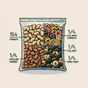 Create an image showing a bag of trail mix, half-filled with peanuts, 1/4 filled with chocolate candies, and 1/4 filled with dried fruit. The bag should be transparent enough to see the contents clearly. The trail mix components should be well distributed, showing the different proportions. The image should not have any text.
