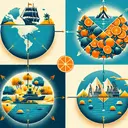 Create an abstract image that metaphorically represents the concepts described in the question about Western nations colonizing the Micronesian islands. Illustrate four sectors symbolizing the options: a midpoint between two continents marked with a ship, a group of tropical islands abundant with citrus fruits, a depiction of mining equipment signifying natural resources, and a visual metaphor of the largest island surrounded by other smaller ones. However, the image should not contain any text.